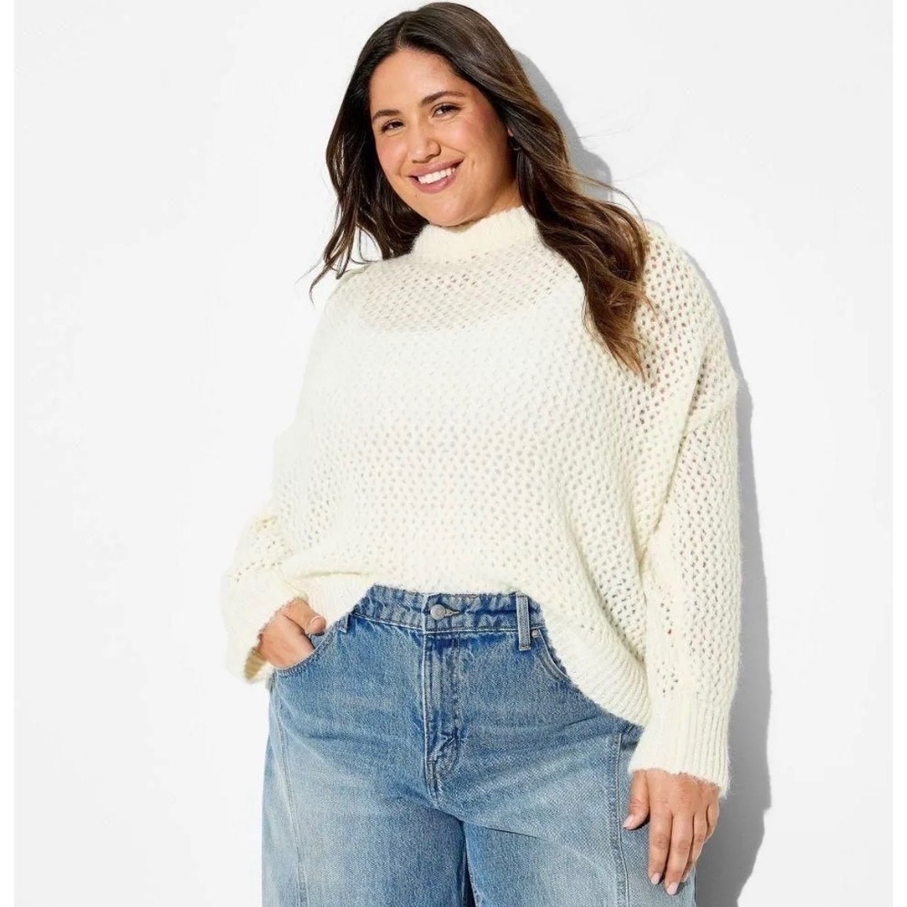 Wild Fable Womens Cream Open Knit Mock Neck Pullover Sweater Size M NEW